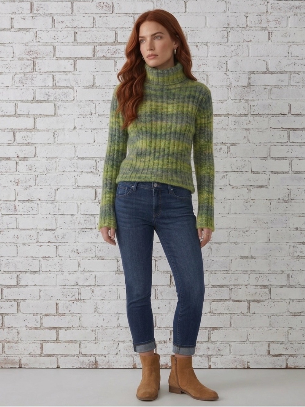 🦚 DKNY JEANS Green/Blue Marled Turtle Neck Ribbed Knit Sweater
